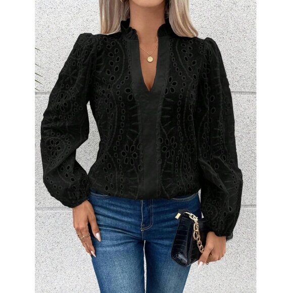 Notched Neckline Lantern Sleeve Eyelet Embroidery Blouse Black - Picture 1 of 9